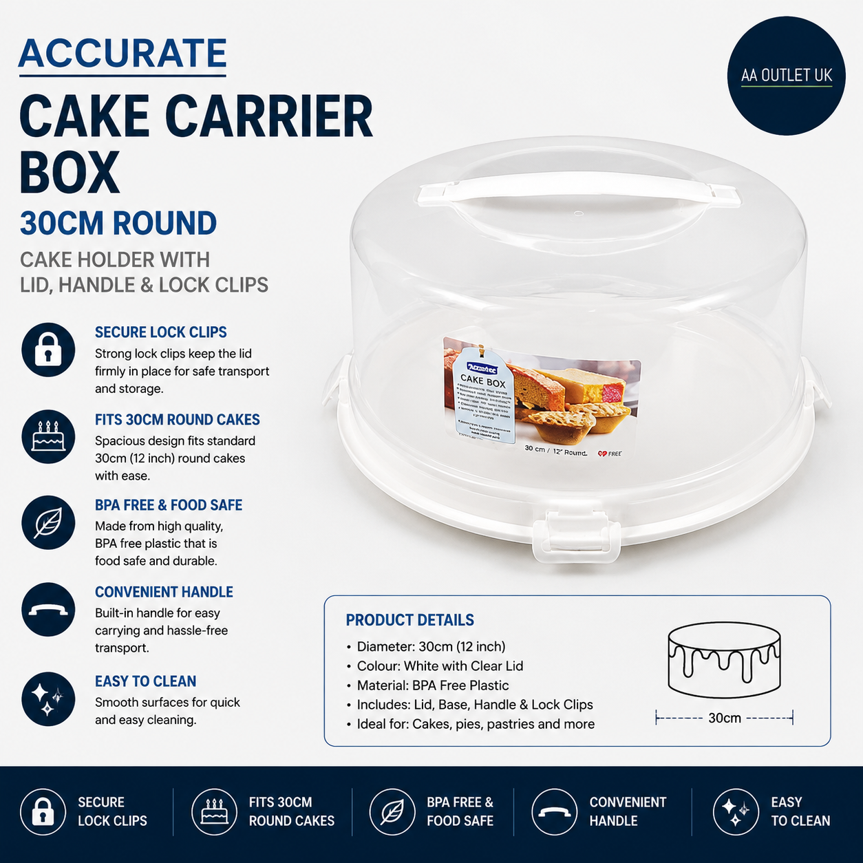Accurate Carrier Box 30cm Round Cake Holder Lid Handle Lock Clips White Design