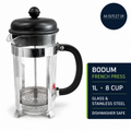 Bodum French Press Caffettiera Black 1L 8 Cup Coffee Maker Durable Glass