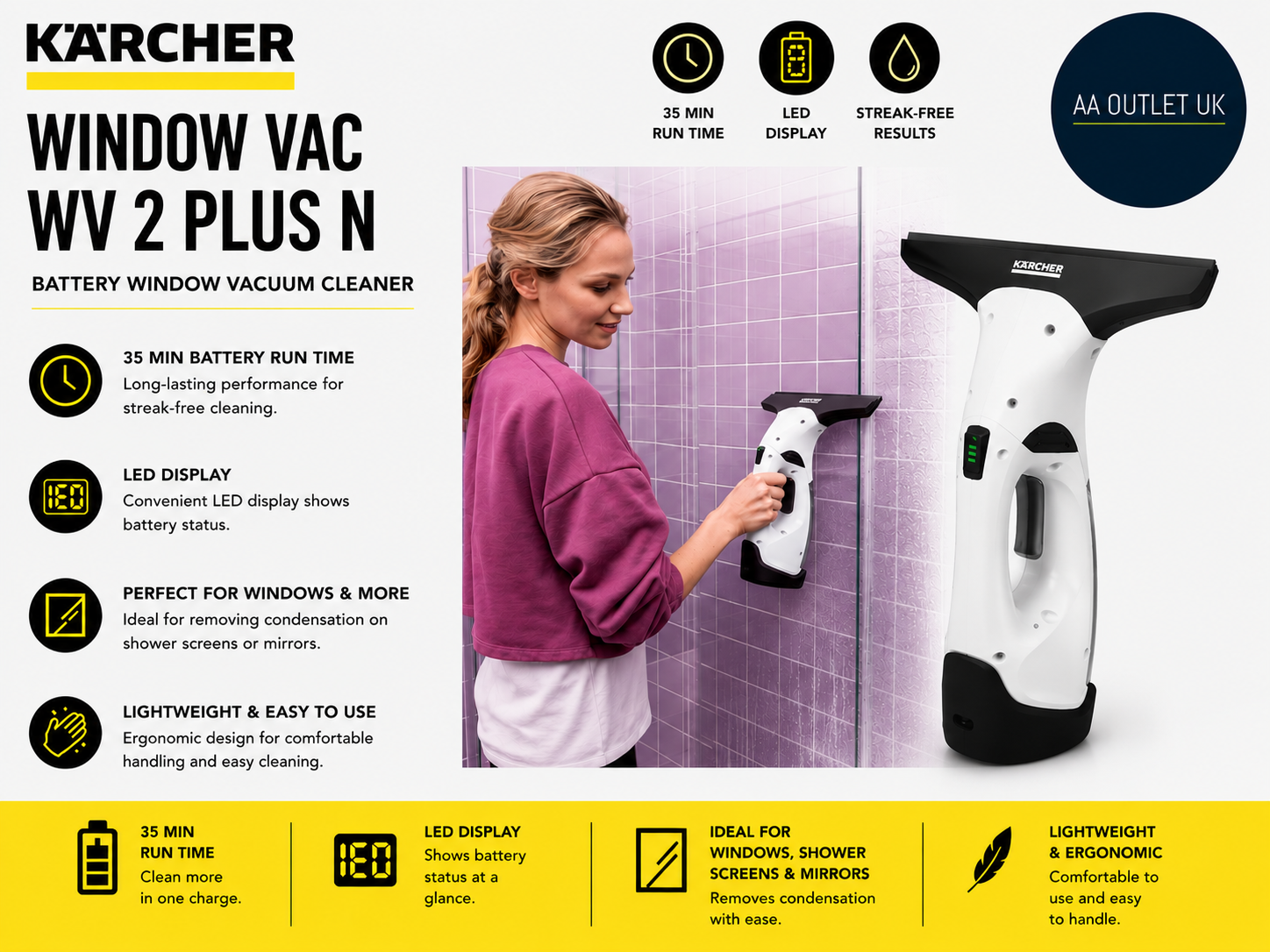 Karcher Window Vac Cleaner WV 2 Plus Battery Running Time 35min LED Display