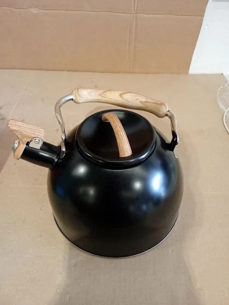 Whistling Kettle 3L Black Stainless Steel Stove Top Wood Grain Handle New