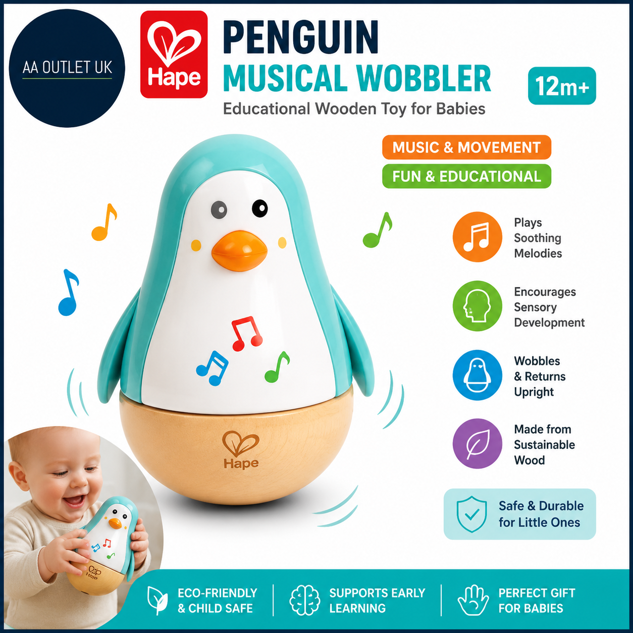 Hape Penguin Musical Wobbler Music Educational Baby Wooden Toy Play 1+