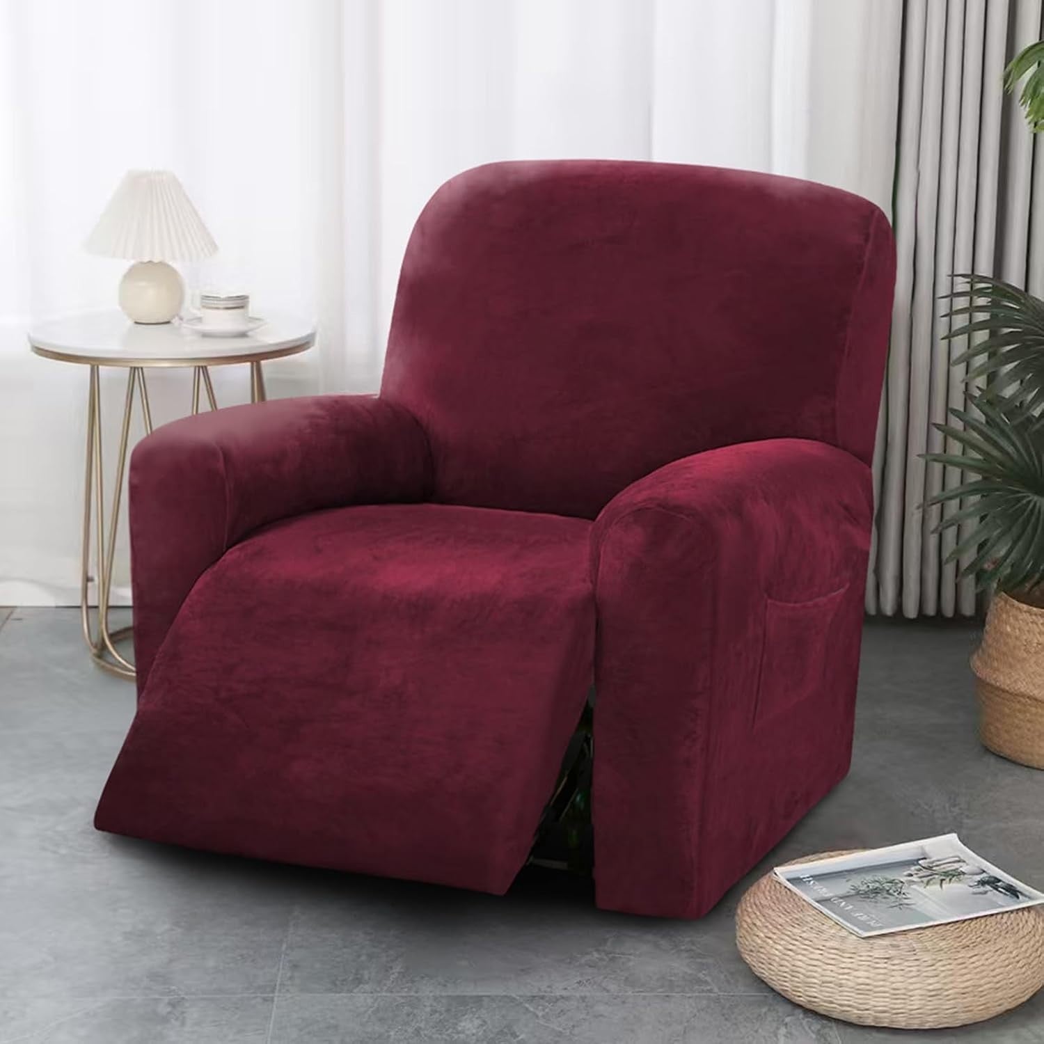 Velvet Recliner Chair Cover Side Pocket 4 Piece Relaxing Non Slip 1 Seat Stretch