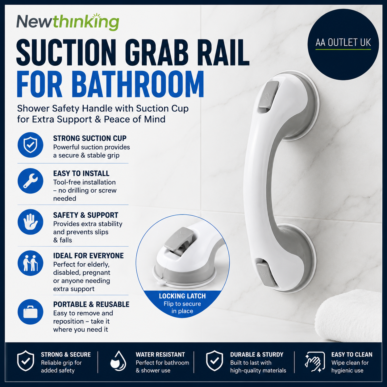 Newthinking Suction Grab Rails Bathroom Shower Safety Handle Portable White