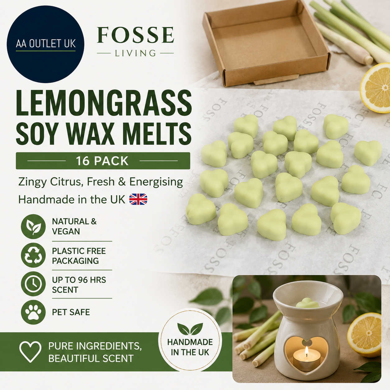 Lemongrass Soy Wax Melts 16 Pack Zingy Citrus Fresh Energising Natural