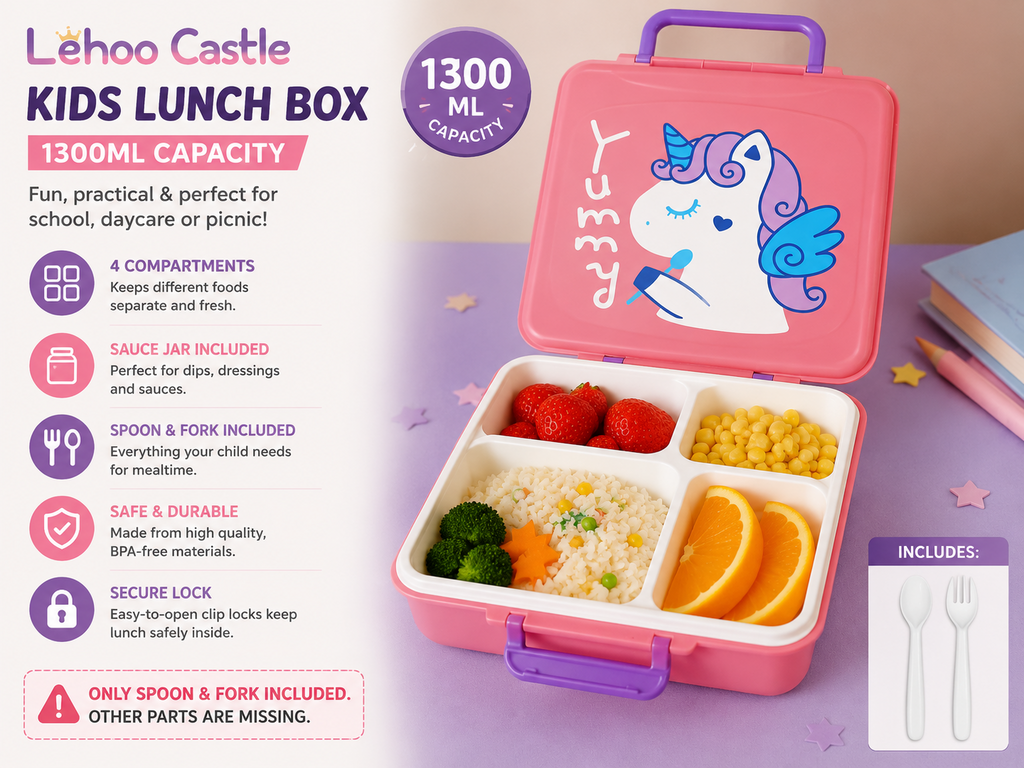 Lehoo Castle Lunch Box Kids 1300ml Toddler Bento Lunch Containers Jar Spoon