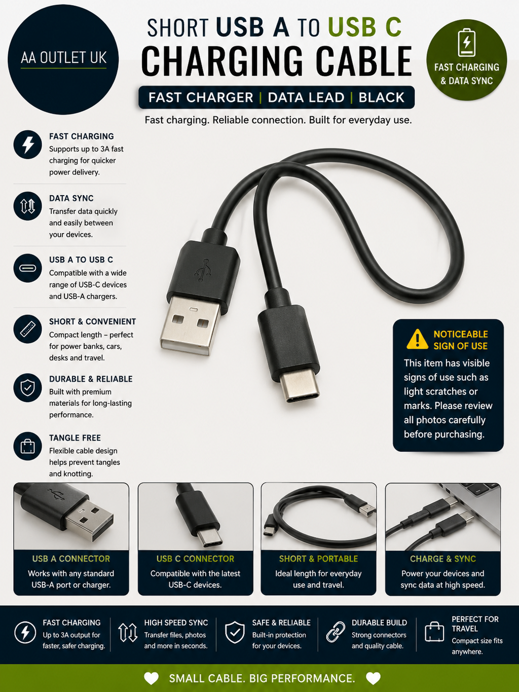 Short USB A To USB C Charging Cable Fast Charger Data Lead Black