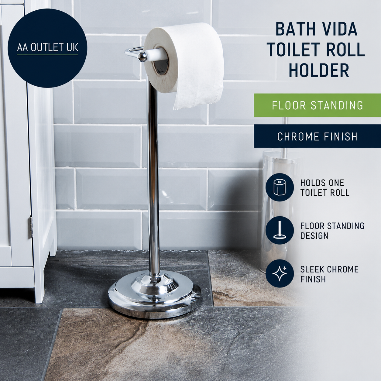 Bath Vida Toilet Roll Holder Floor Standing Chrome Finish Polished Silver