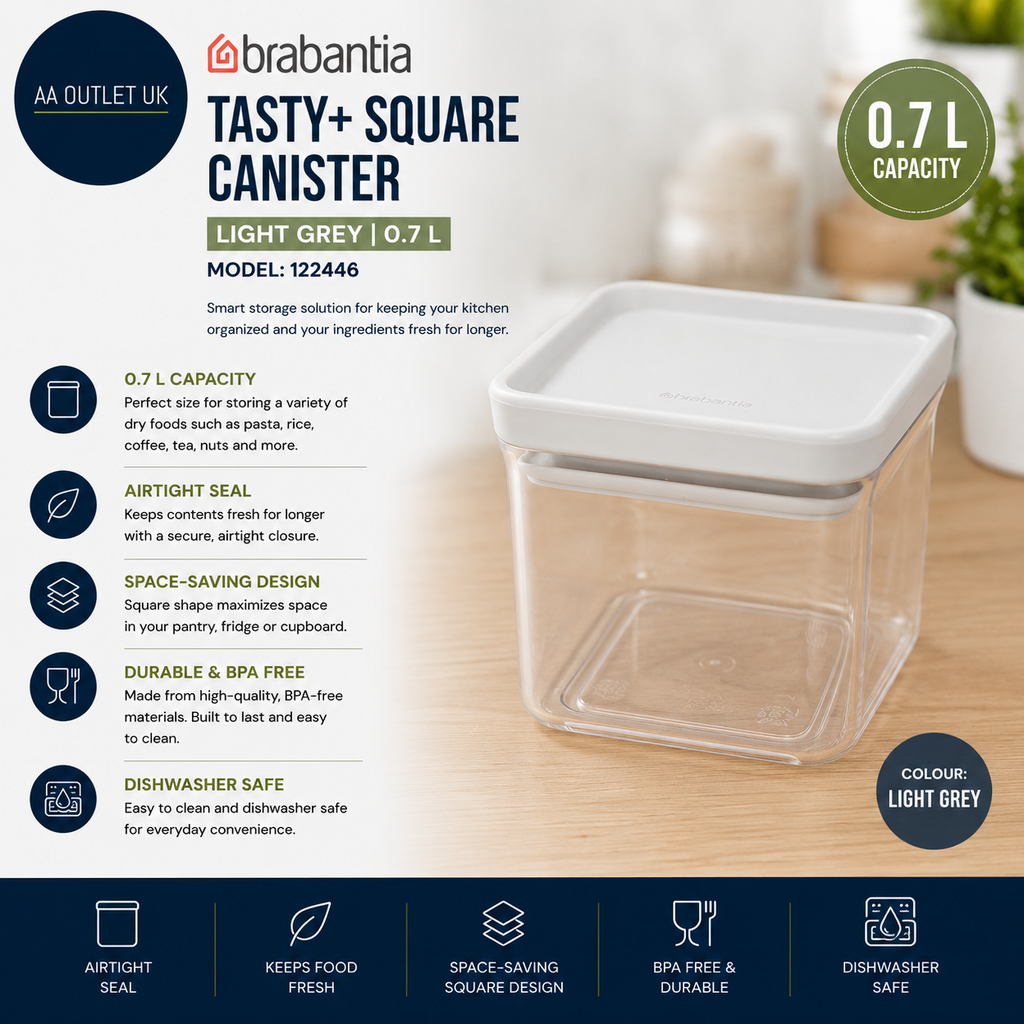 Brabantia 122446 Tasty Plus Square Canister Light Light Grey 0.7Litre