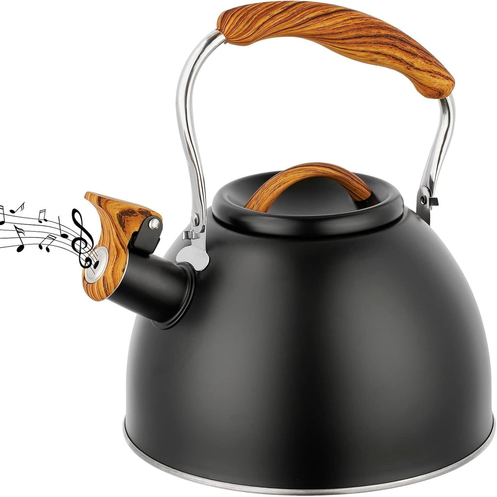 Whistling Kettle 3L Black Stainless Steel Stove Top Wood Grain Handle New