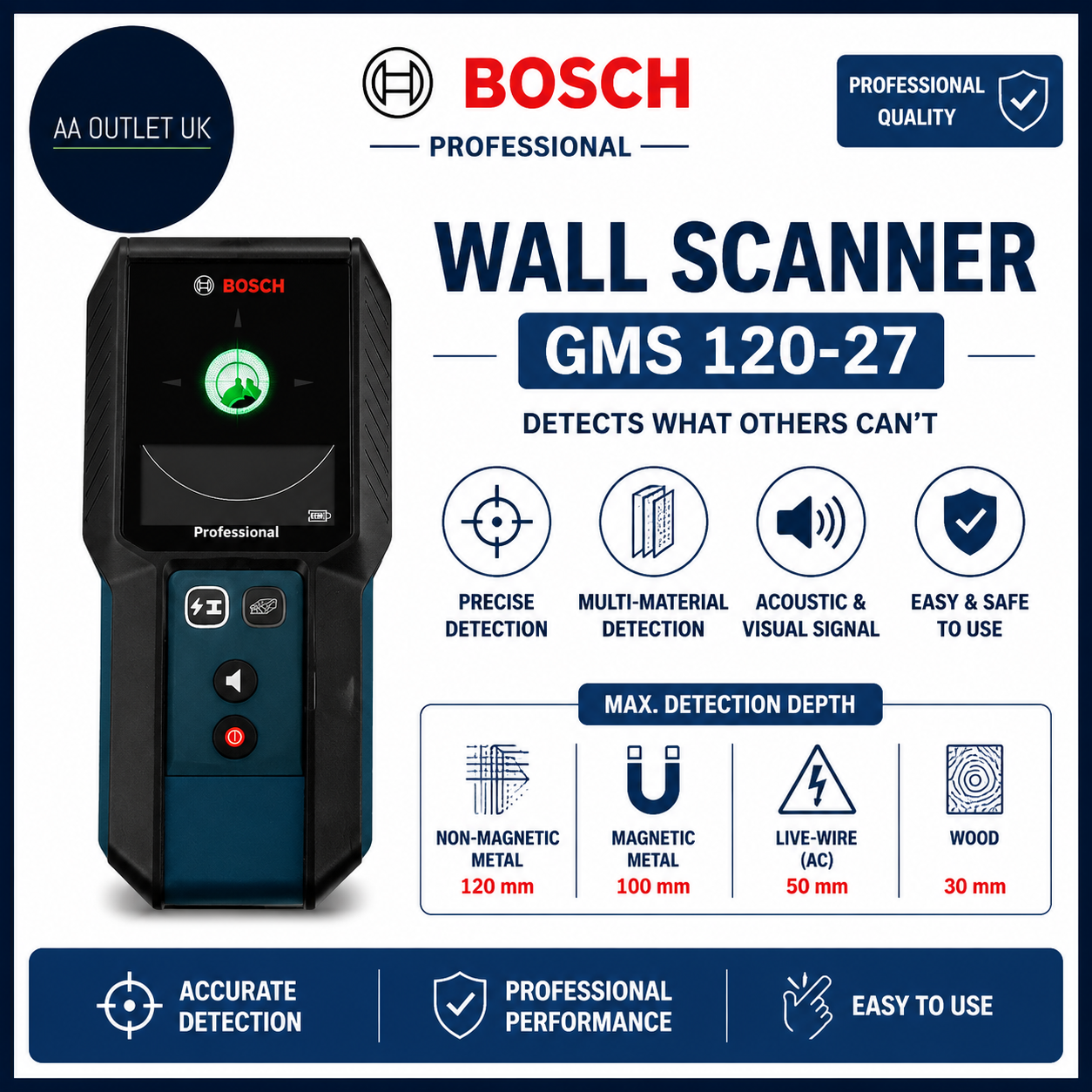 Bosch Professional Wall Scanner GMS 120-27 Detection Depth Non-Magnetic Metal