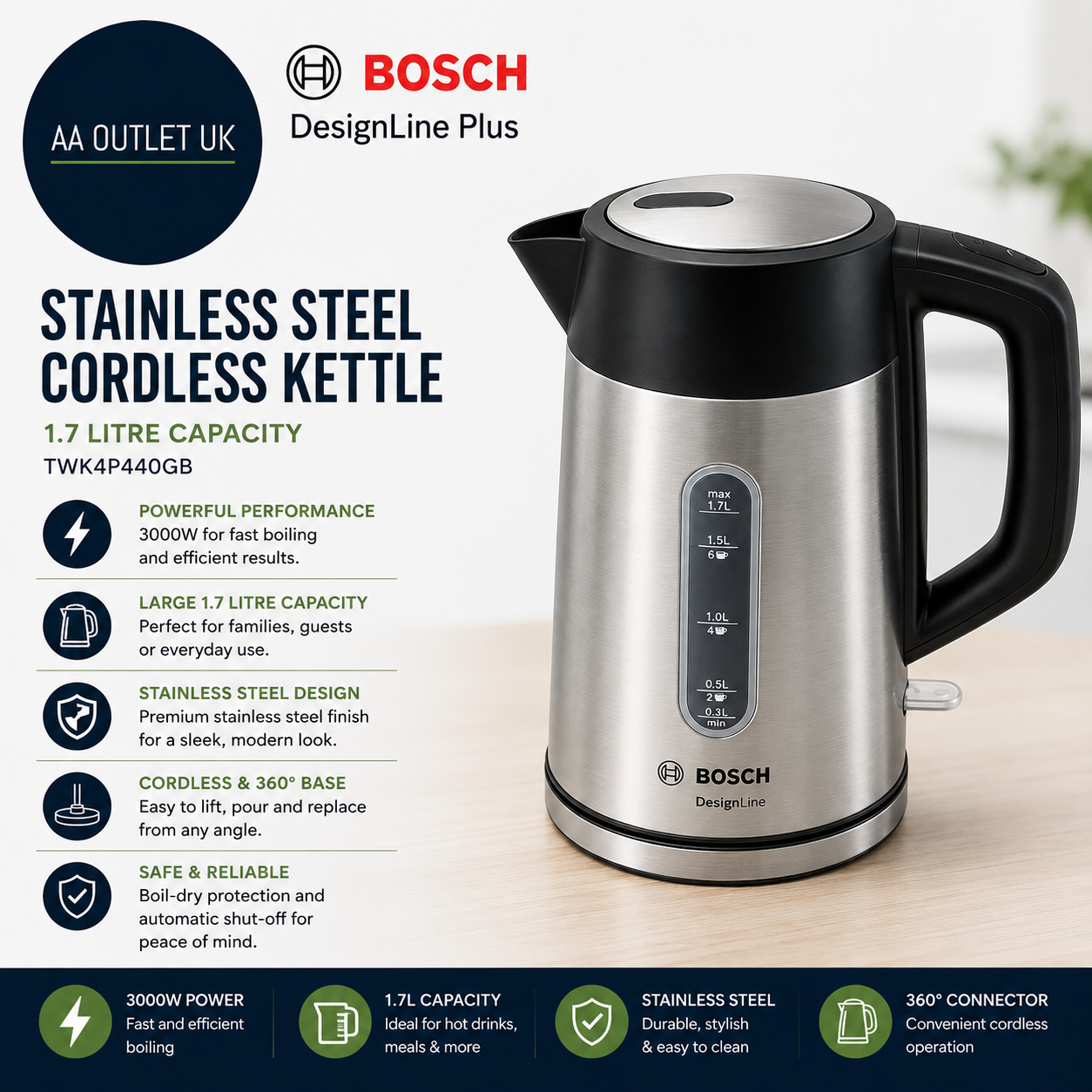 Bosch DesignLine Plus TWK4P440GB Stainless Steel Cordless Kettle 1.7L 3000W