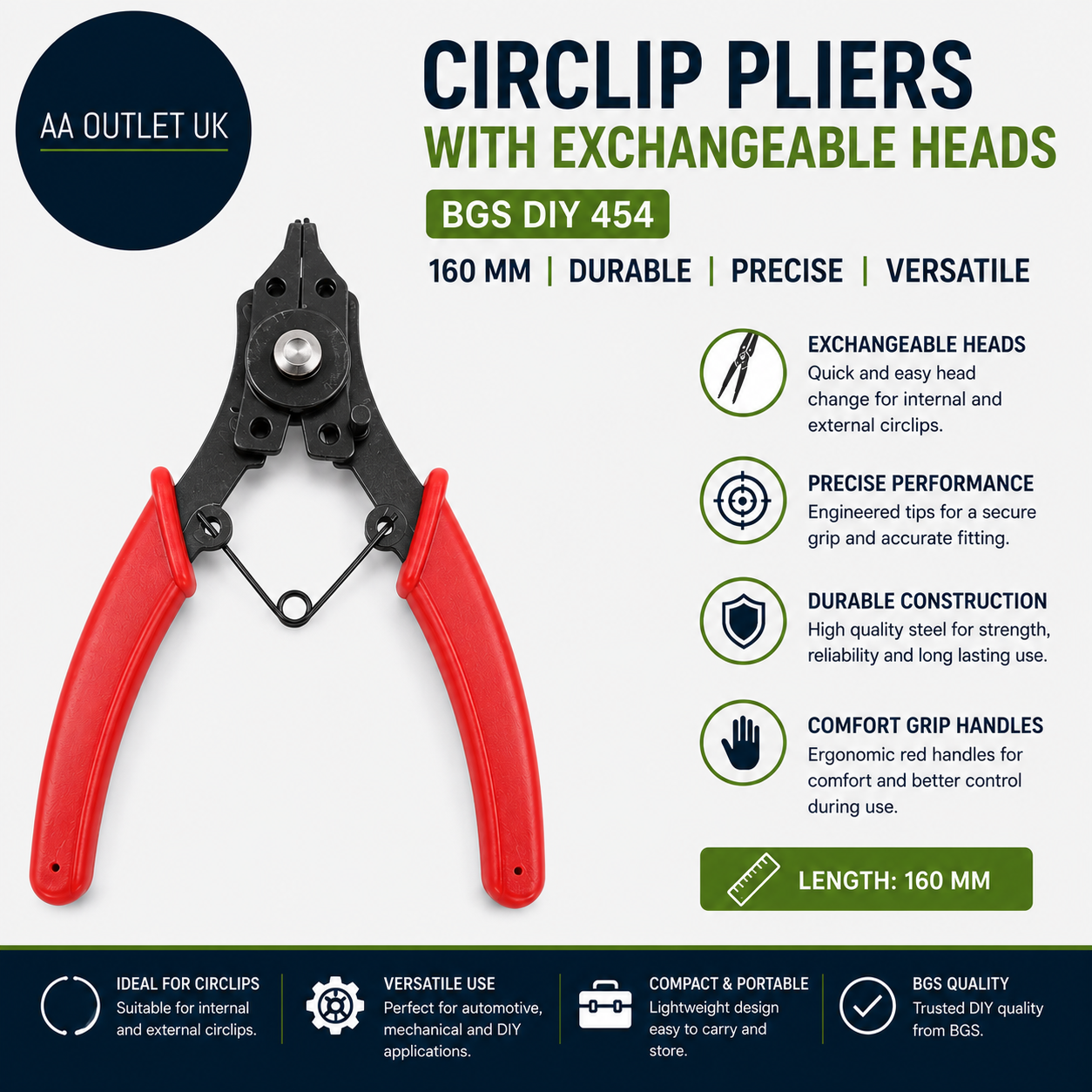BGS DIY 454 Circlip Pliers with exchangeable Heads 160mm 24.5x11cm Metal