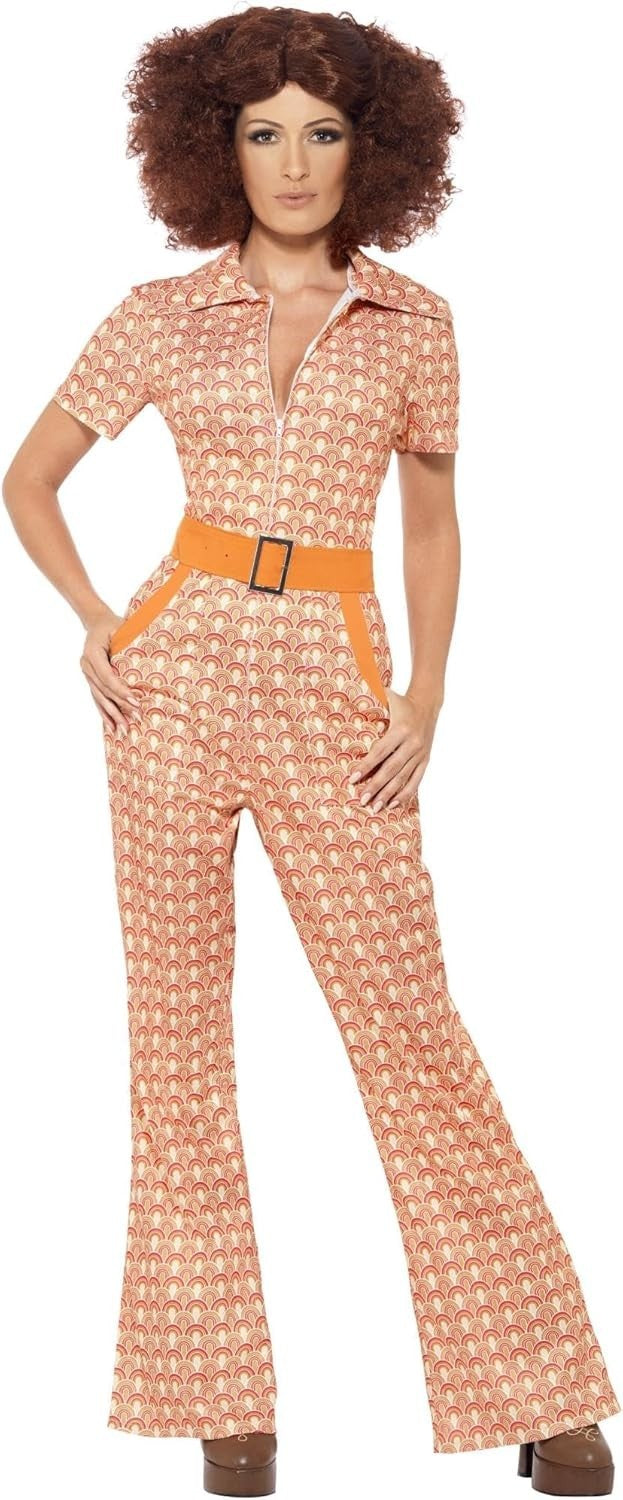 Smiffys Authentic 70s Chic Costume Orange Jumpsuit 1970s Disco Fancy New