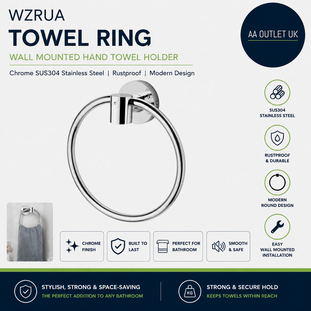 WZRUA Towel Ring Hand Holder Wall Mounted Chrome SUS304 Stainless Steel