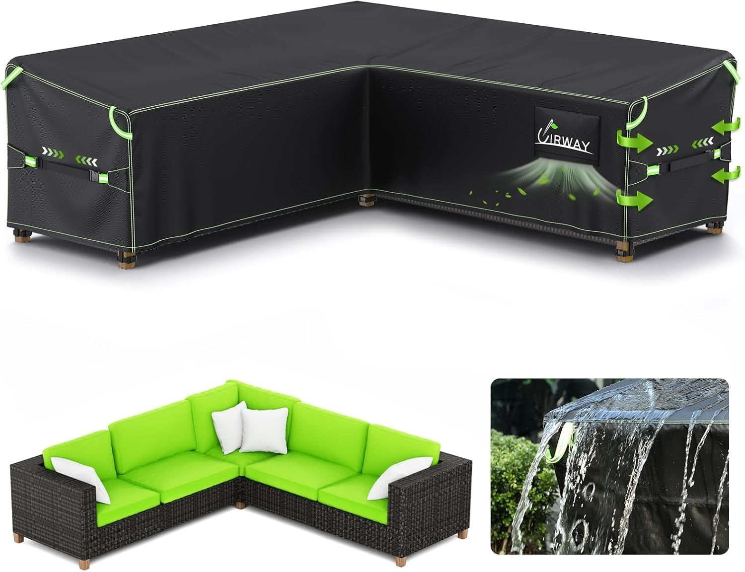 UIRWAY VShape Garden Furniture Cover Waterproof Air Vent 300x300x87cm 420D Black