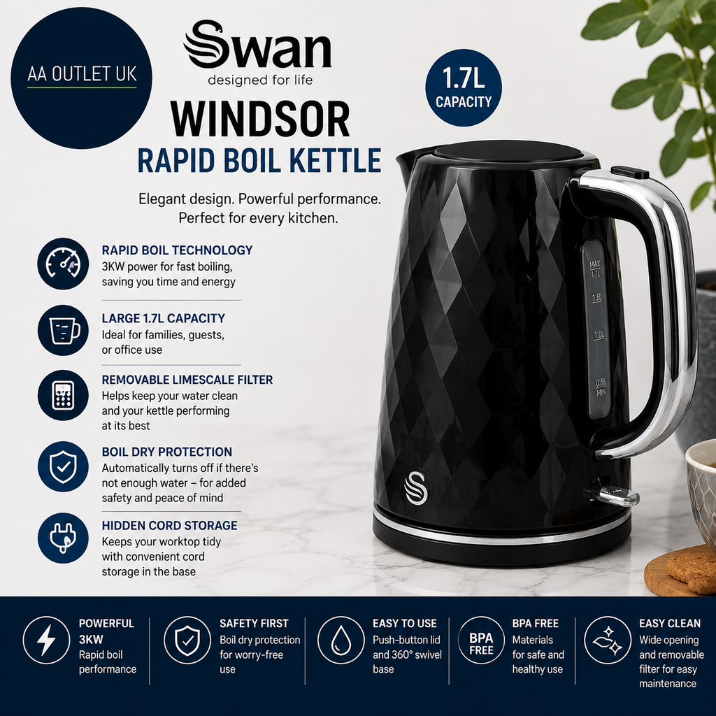 Swan SK14611BLK Windsor Rapid Boil Kettle With Removable Limescale Filter 1.7L