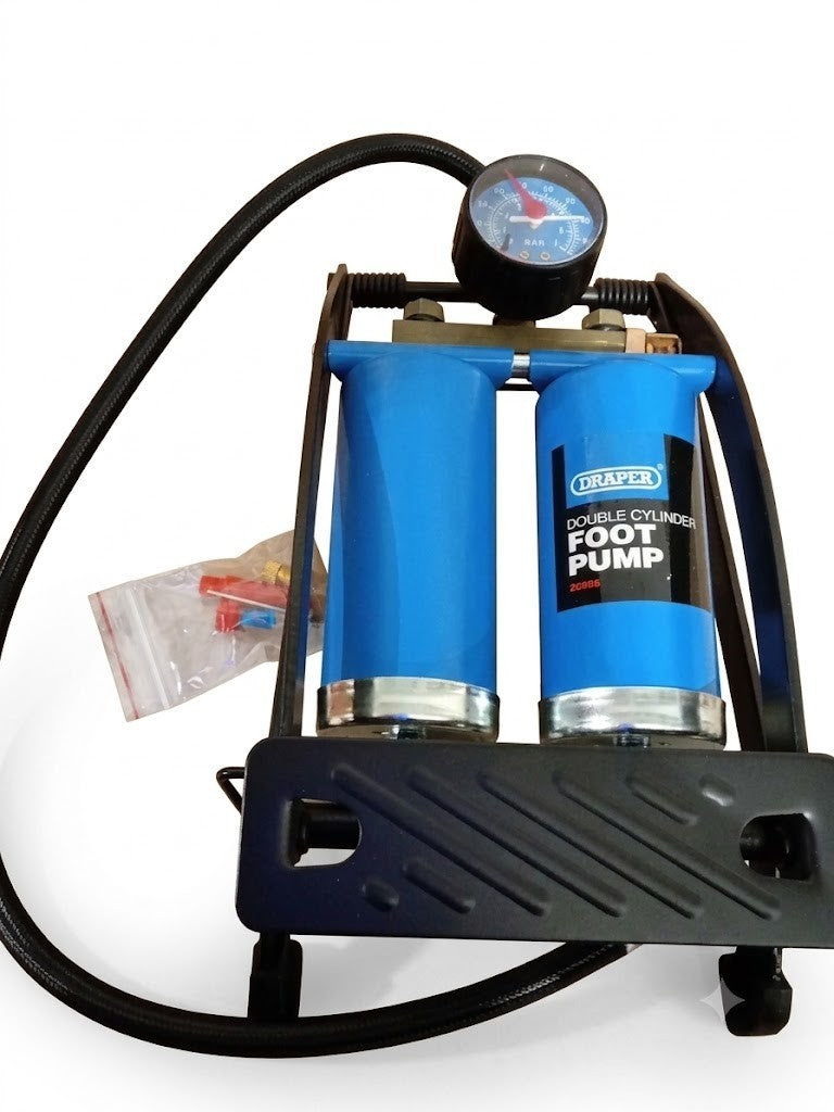Draper 25996 Double Cylinder Foot Pump Pressure Gauge Car Bike Inflator Blue New