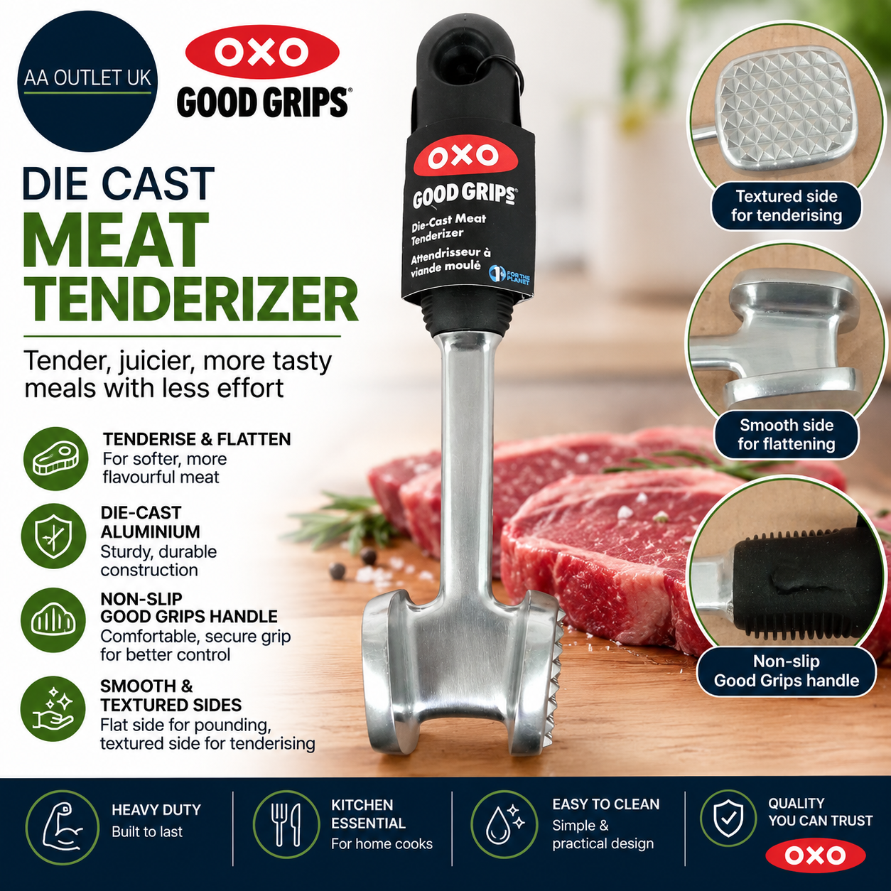 OXO Good Grips Die Cast Meat Tenderizer Die Cast Aluminium Construction Angle