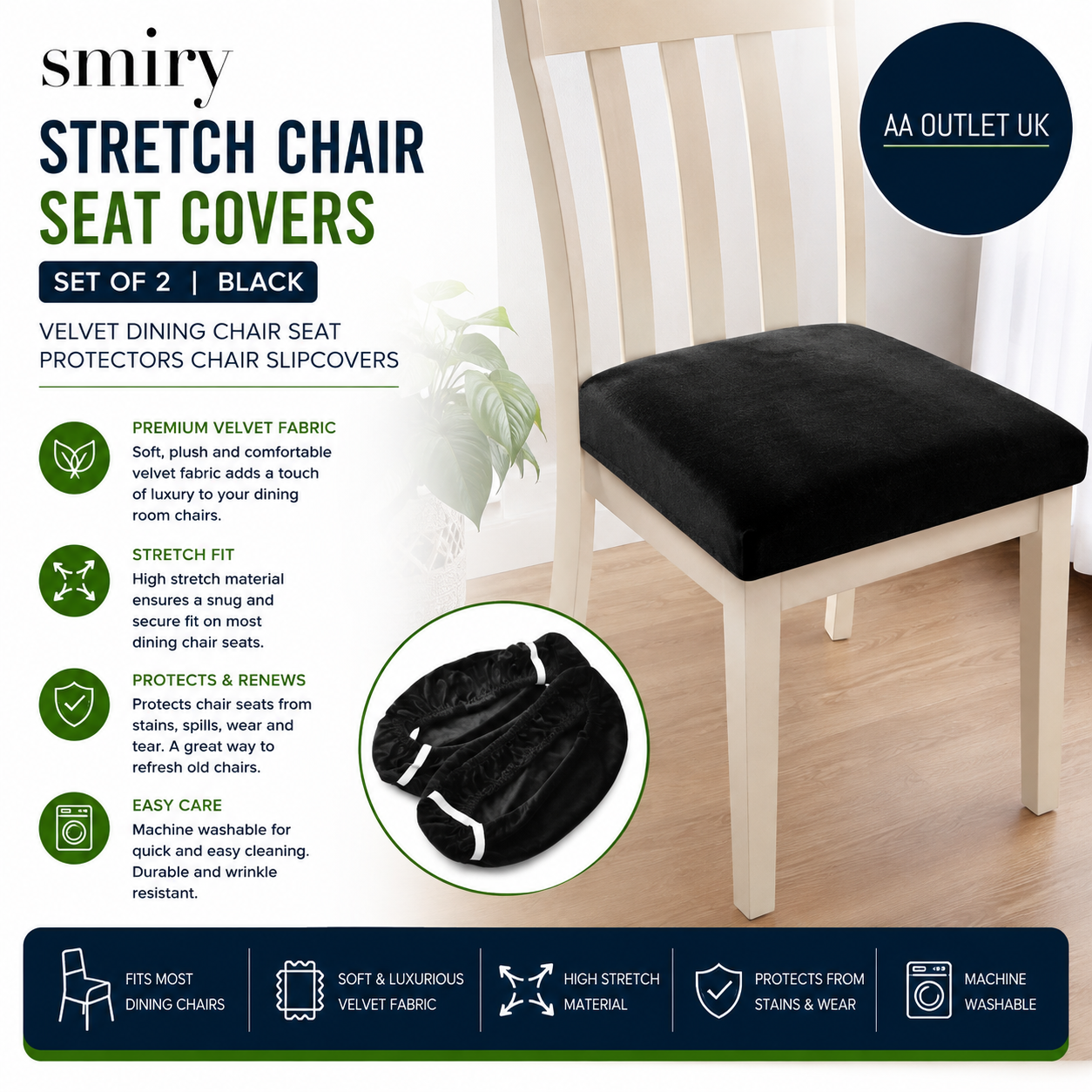 Smiry Stretch Chair Seat Covers Dining Room Velvet Protectors Slipcovers Black