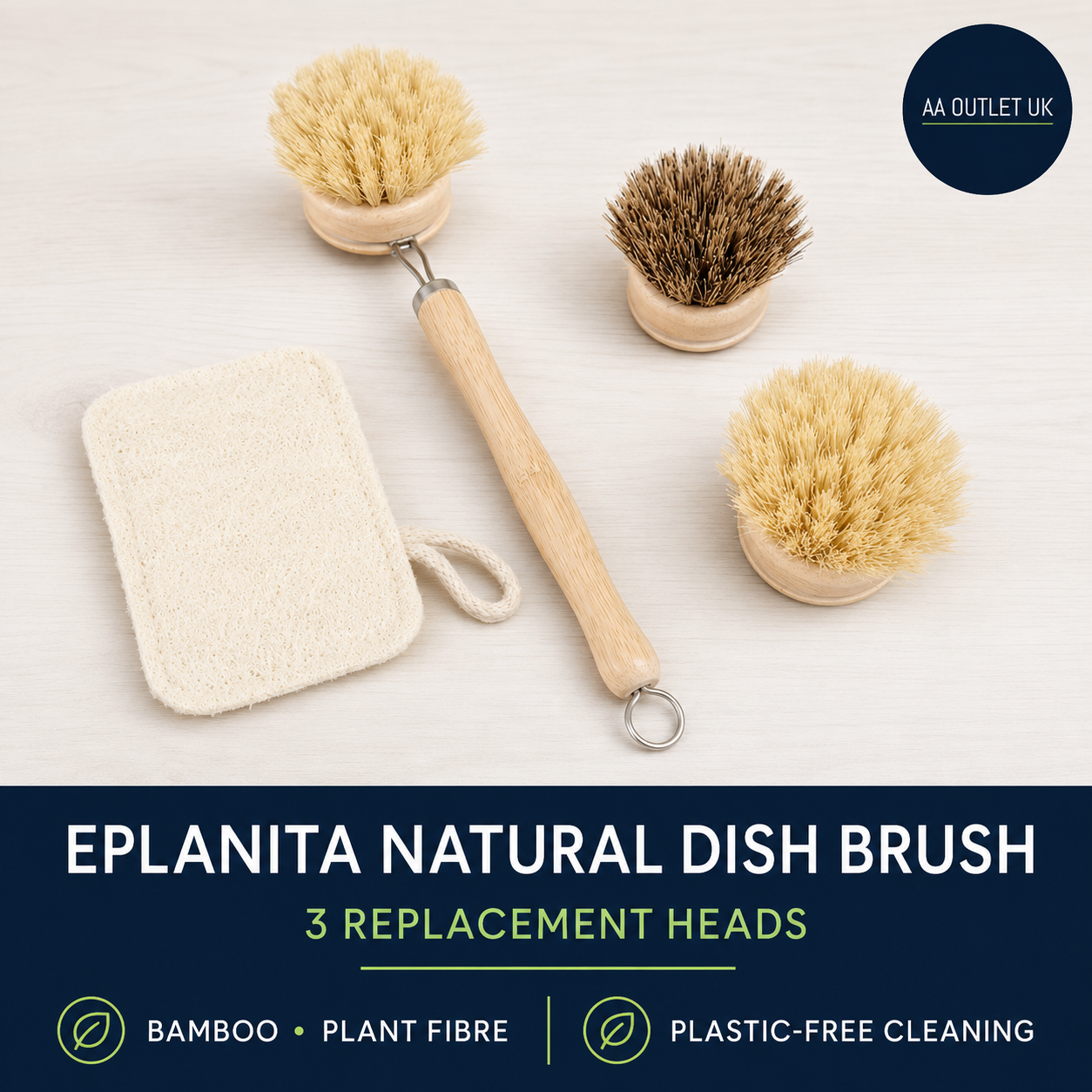 Eplanita Natural Dish Brush 3 Replacement Heads Kitchen Eco Bamboo Scrubber