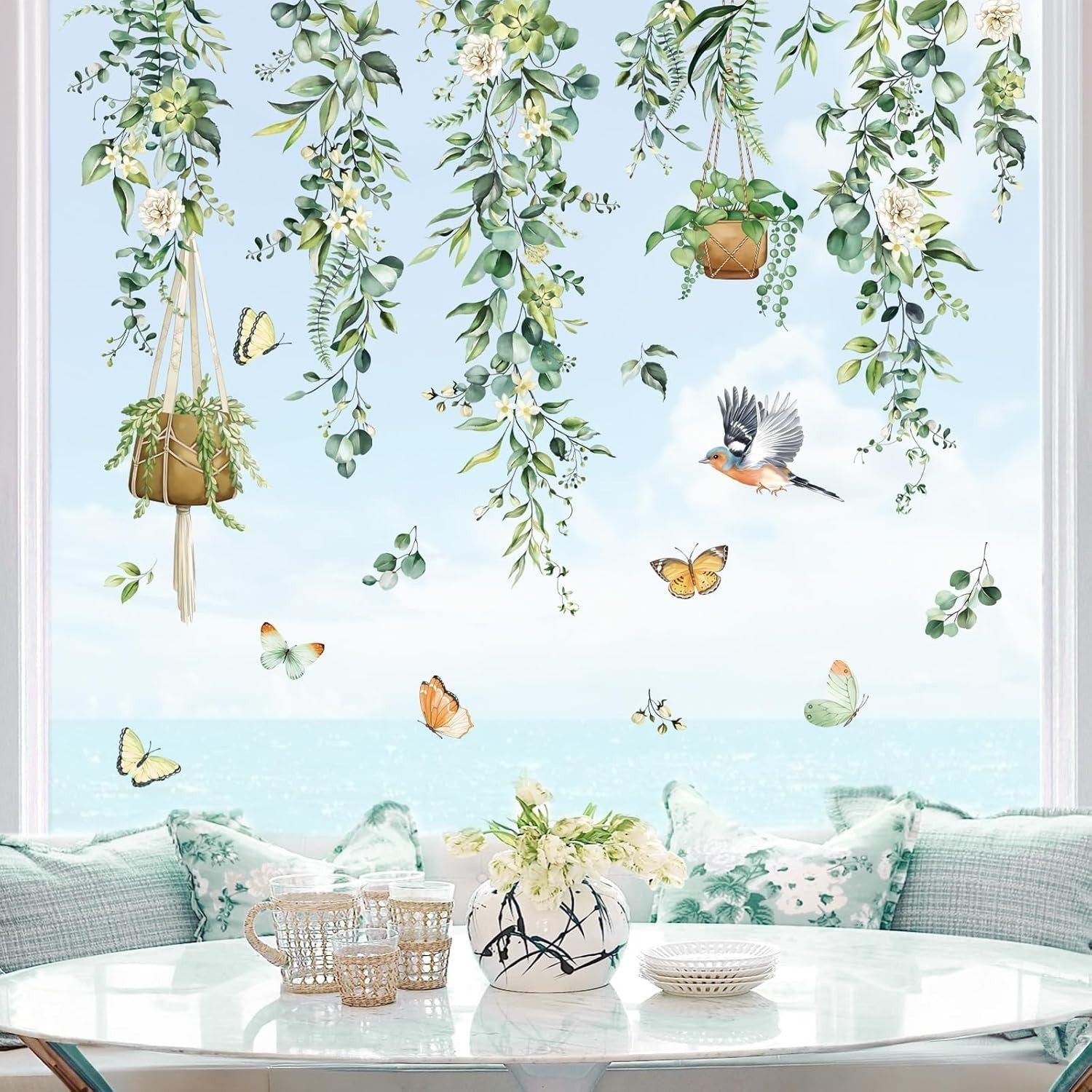 Decalmile Spring Hanging Vine Double Sided Window Clings Green Leaves New