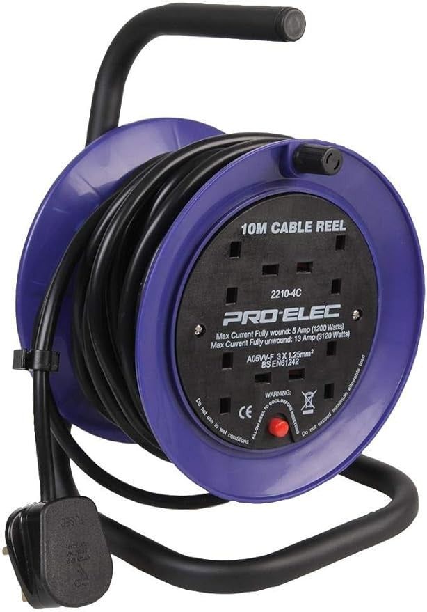 Pro ELec PEL01273 4 Gang Mini Cable Reel Mains Extension 10m New