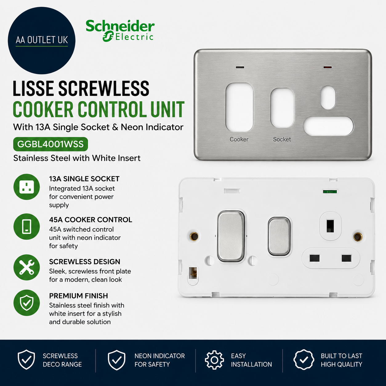 Schneider Electric Lisse Screwless Deco Switched Cooker Control Unit 13 A Single