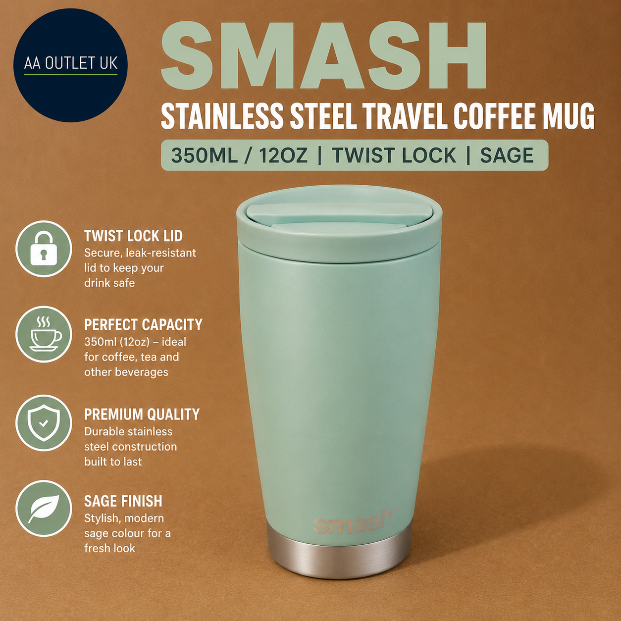 Smash Stainless Steel Travel Coffee Mug 350ml 12oz Twist Lock Sage Design New