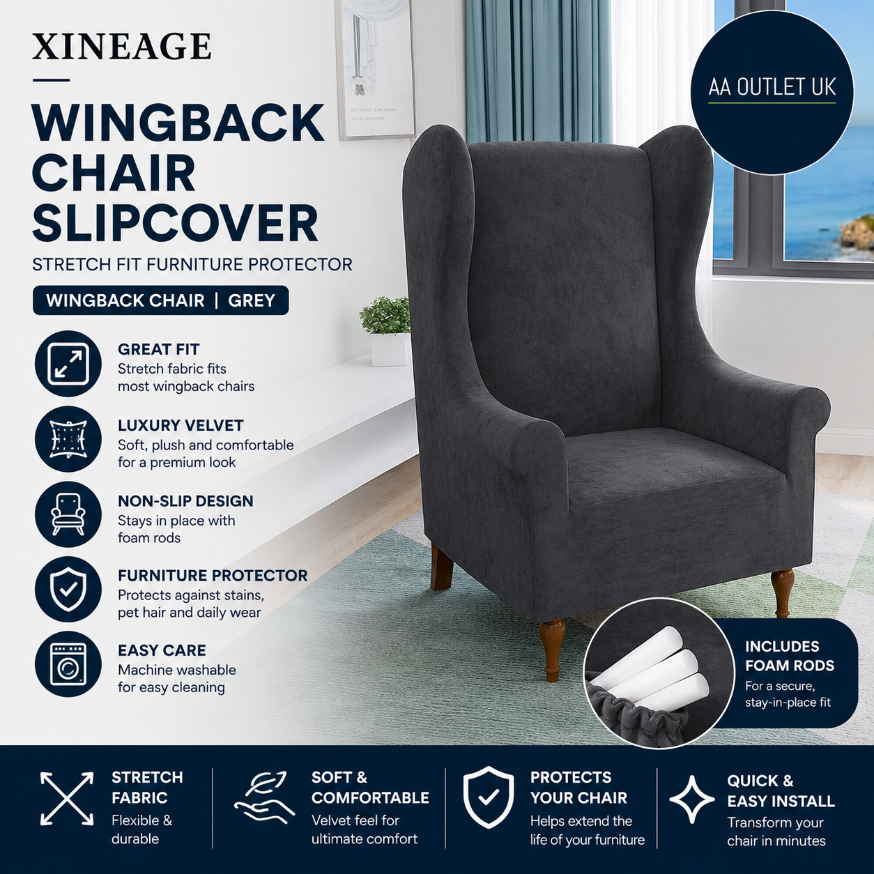 Xineage 1 Piece Velvet Wingback Chair Slipcover Stretch Wing Cover 91x81x114cm