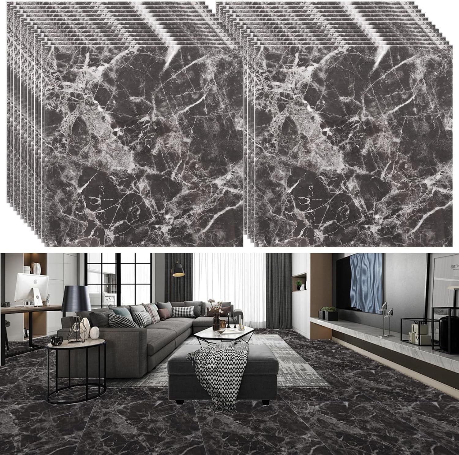 Cyeer 24pc Grey Flooring Tiles Self Adhesive Vinyl 30x30cm Black Marble New