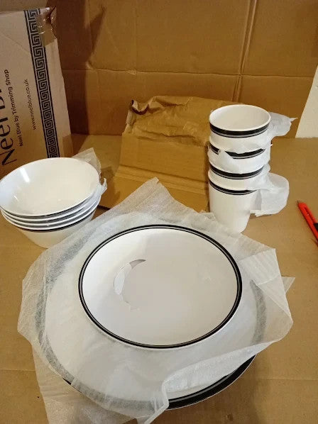 Black White Striped Melamine Dinner Set Dessert Plate Bowl Cups Durable Reusable