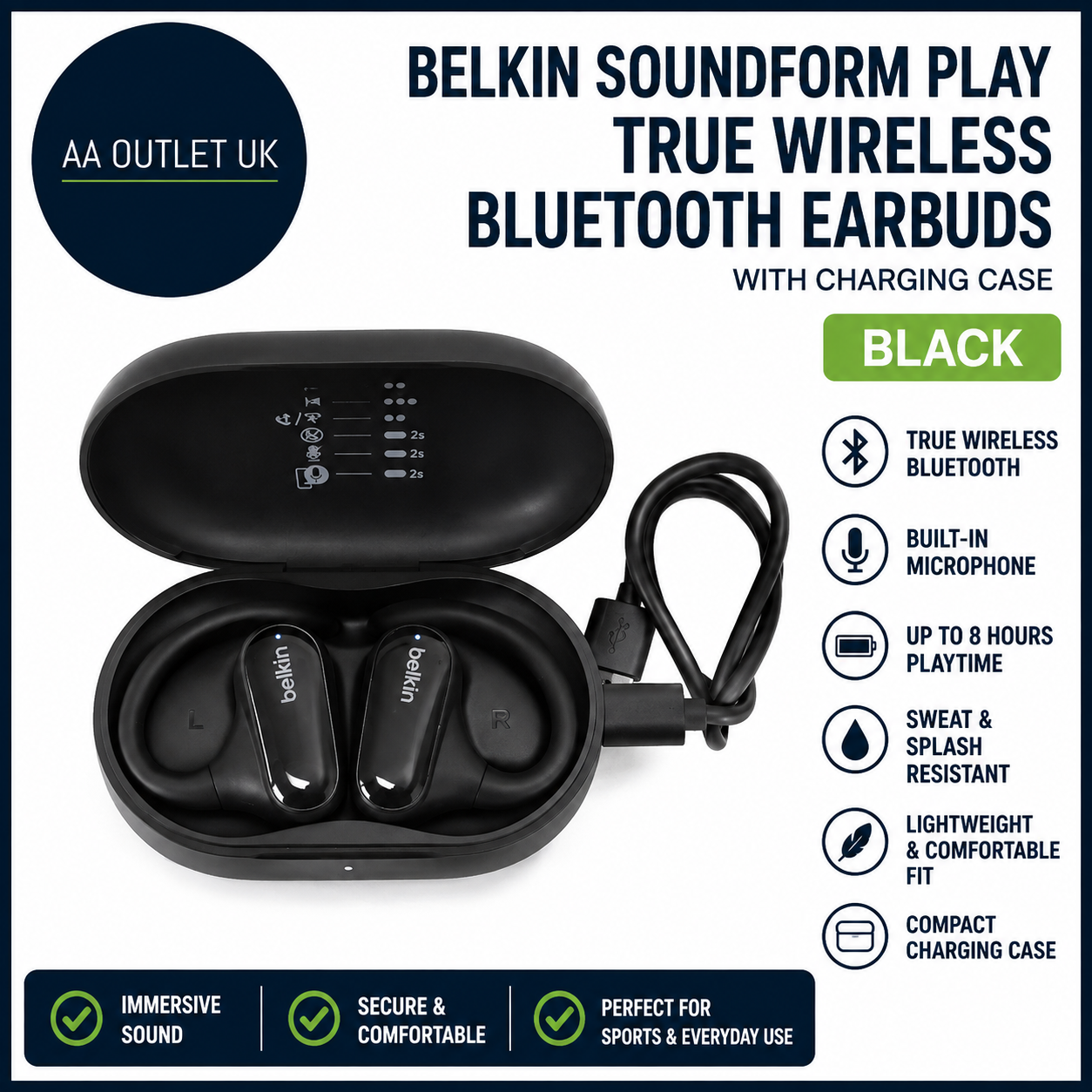 Belkin Soundform Play True Wireless Bluetooth Earbuds Black Charging Case