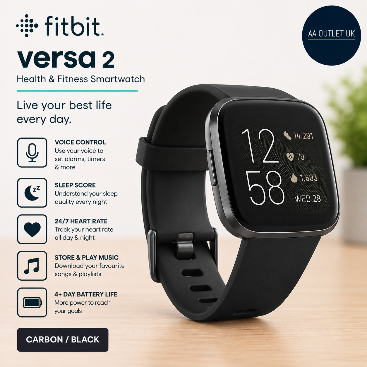 Fitbit Versa 2 Health & Fitness Smartwatch Voice Control Sleep Score & Music