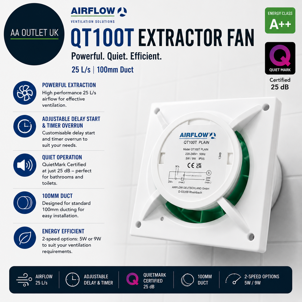 Airflow QT100T Extractor Fan 25 L/s Adjustable Delay Start Timer 13x14.7x14.7cm