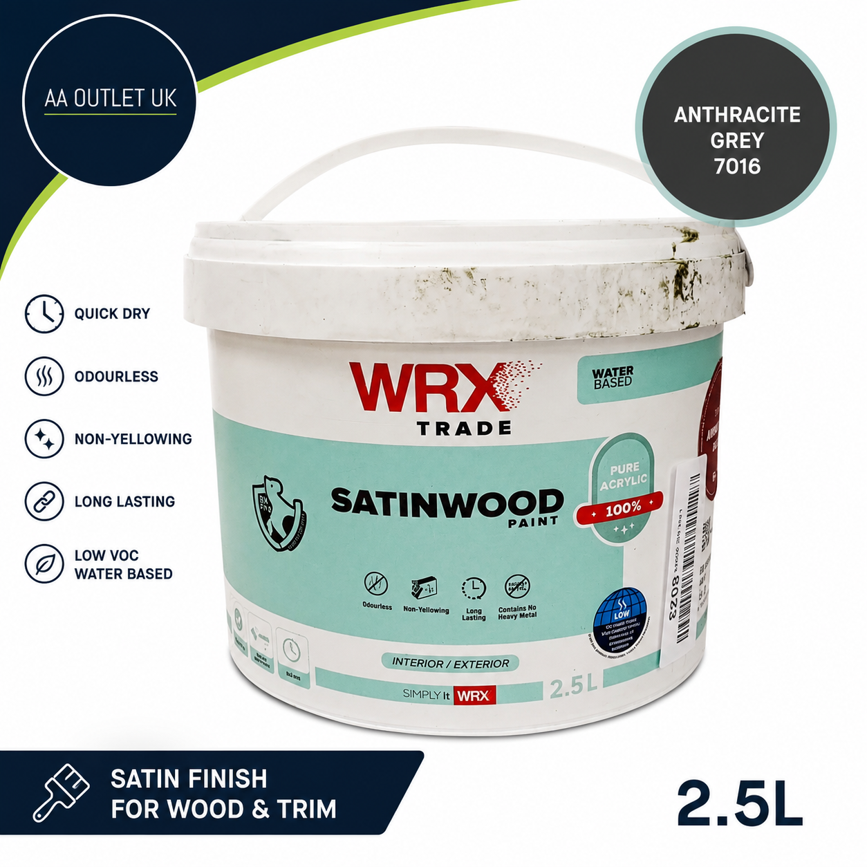 WRX Trade Satinwood Paint Wood Quick Dry Water Based 2.5L Anthracite Grey 7016
