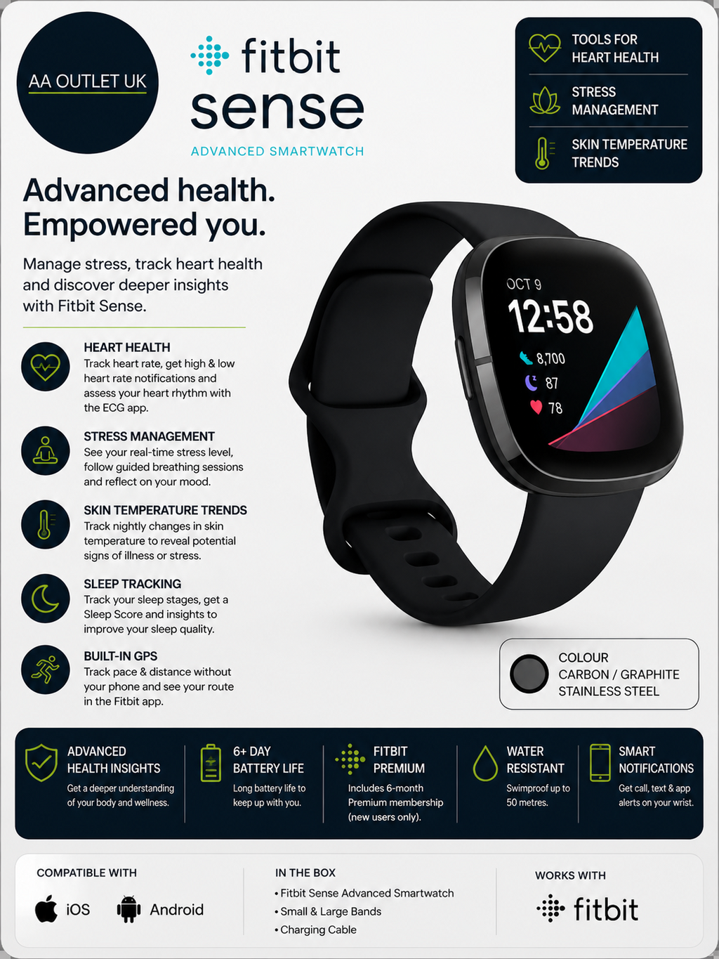 Fitbit Sense Advanced Smartwatch Tools Heart Health Stress Management Skin
