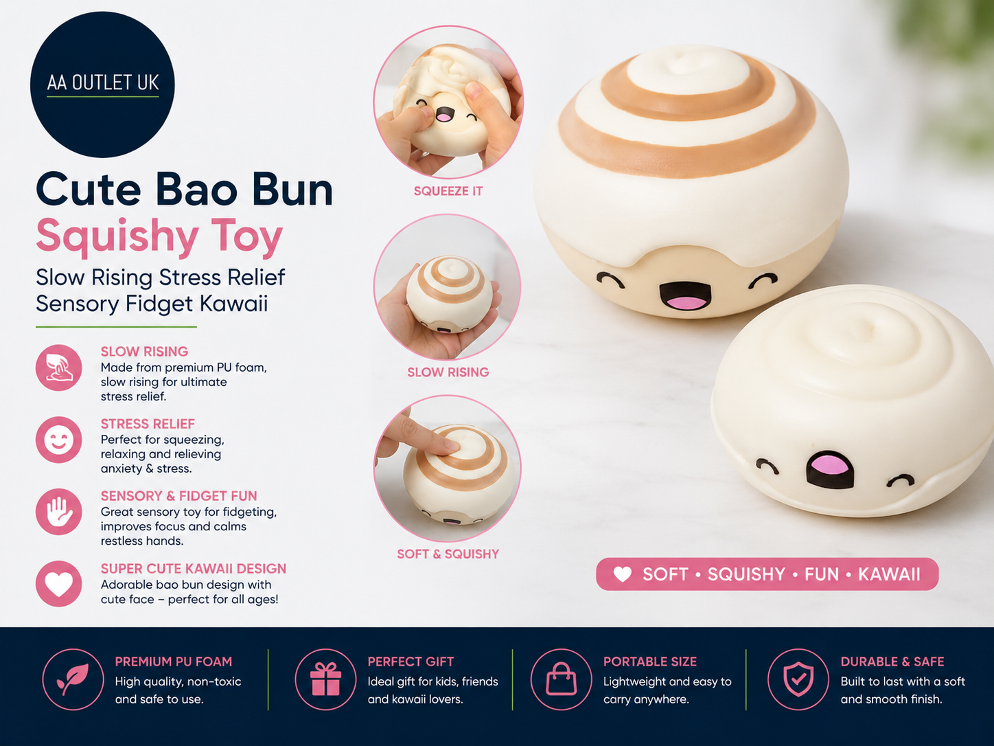 Cute Bao Bun Squishy Toy Slow Rising Stress Relief Sensory Fidget Kawaii
