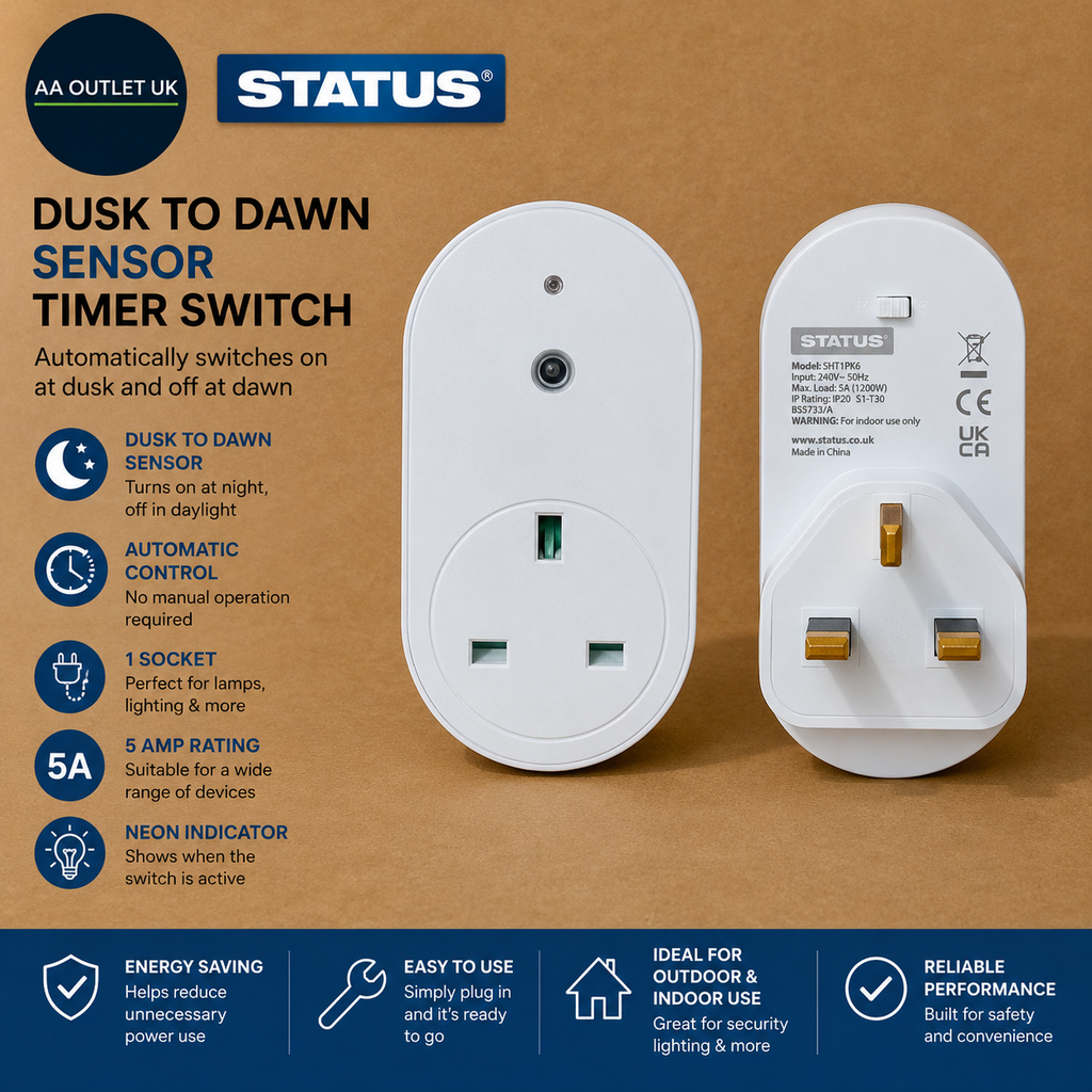 STATUS SHT1PK6 Dusk Dawn Sensor Timer Switch Daylight Sensor Switch White Plug