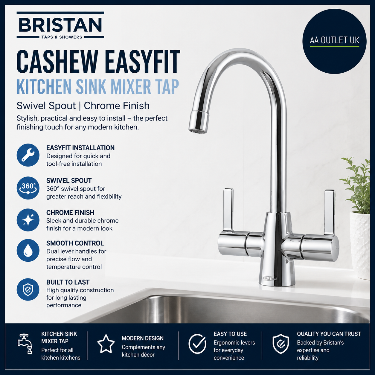 Bristan CSH EFSNK C Cashew Easyfit Kitchen Sink Mixer Tap Swivel Spout Chrome