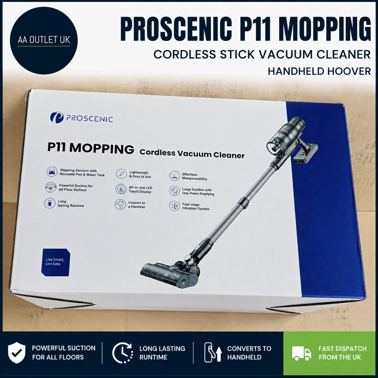 Proscenic P11 Mopping Cordless Stick Vacuum Cleaner Handheld Hoover Black