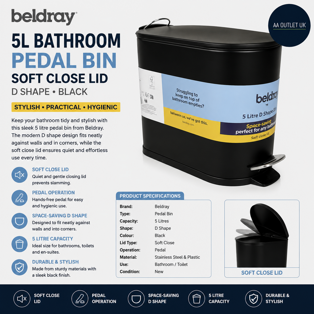 Beldray 5L Bathroom Pedal Bin Soft Close Lid Black D Shape Toilet Waste Bin