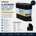 Beldray 5L Bathroom Pedal Bin Soft Close Lid Black D Shape Toilet Waste Bin
