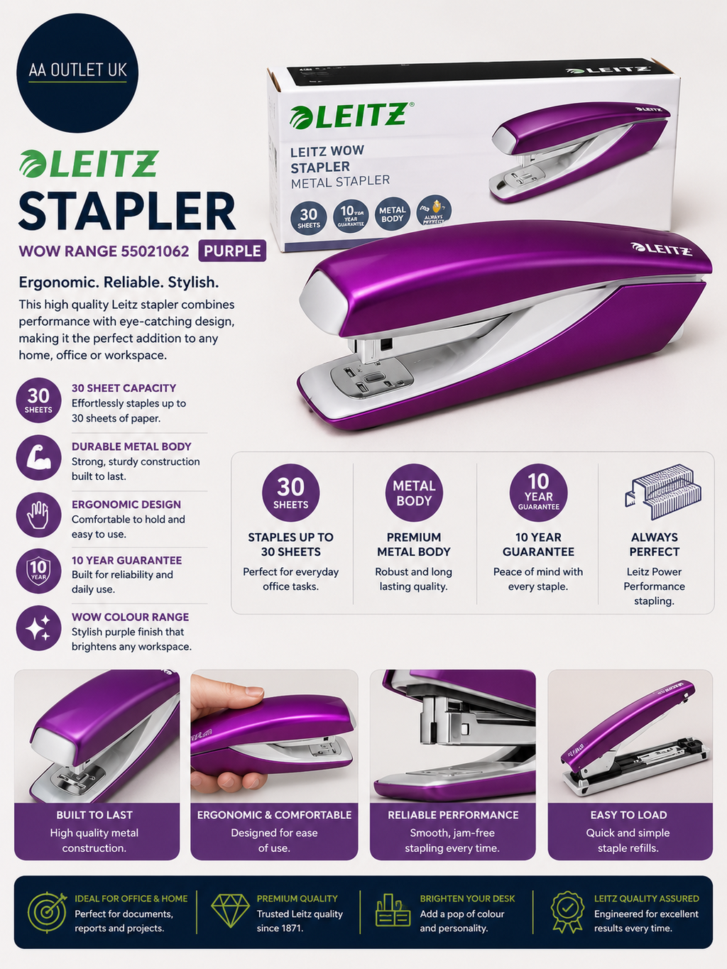 Leitz Stapler 30 Sheet Capacity Ergonomic Metal Body WOW Range 55021062 Purple
