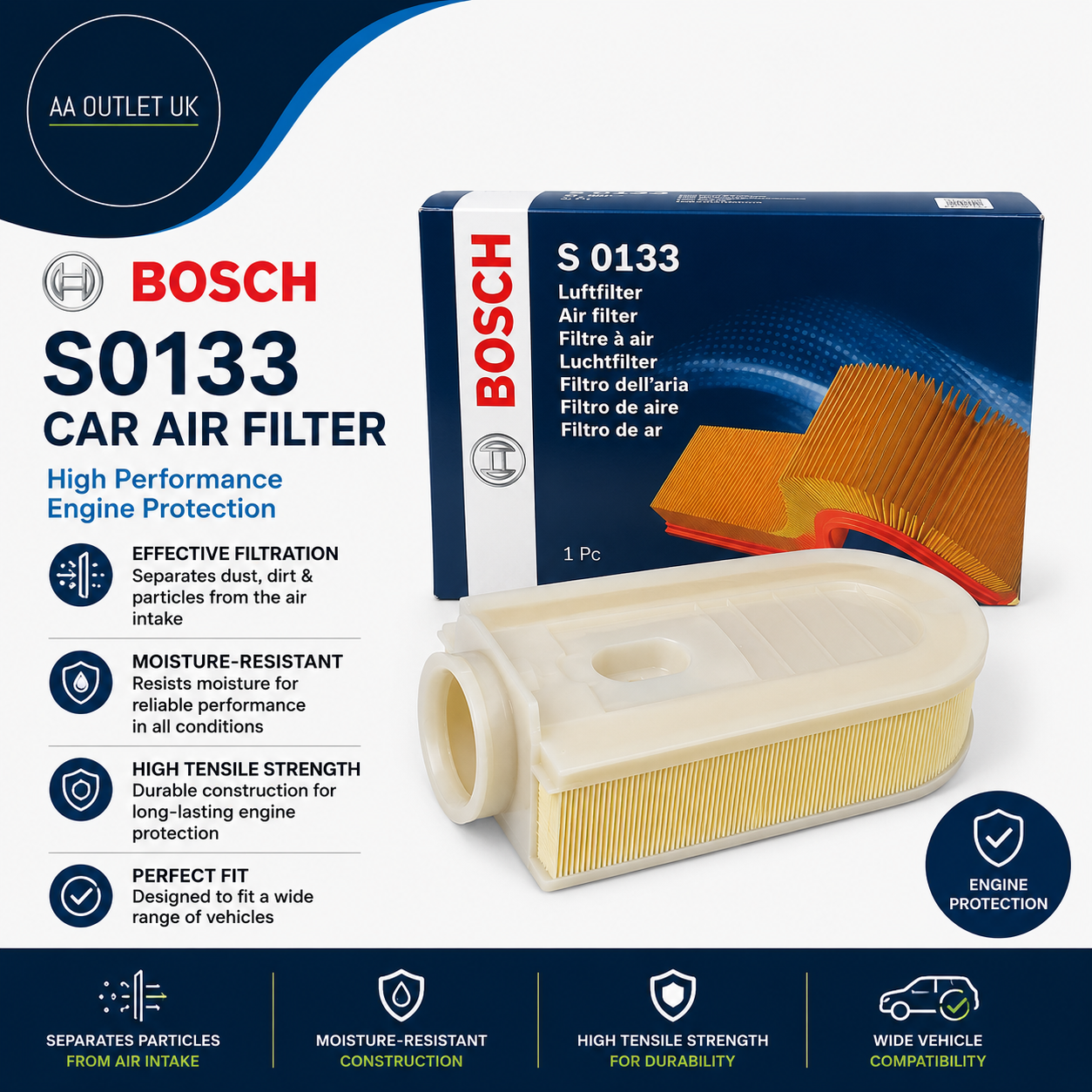 Bosch S0133 Car Air Filter Separates Particles  Air Intake Moisture Resistant