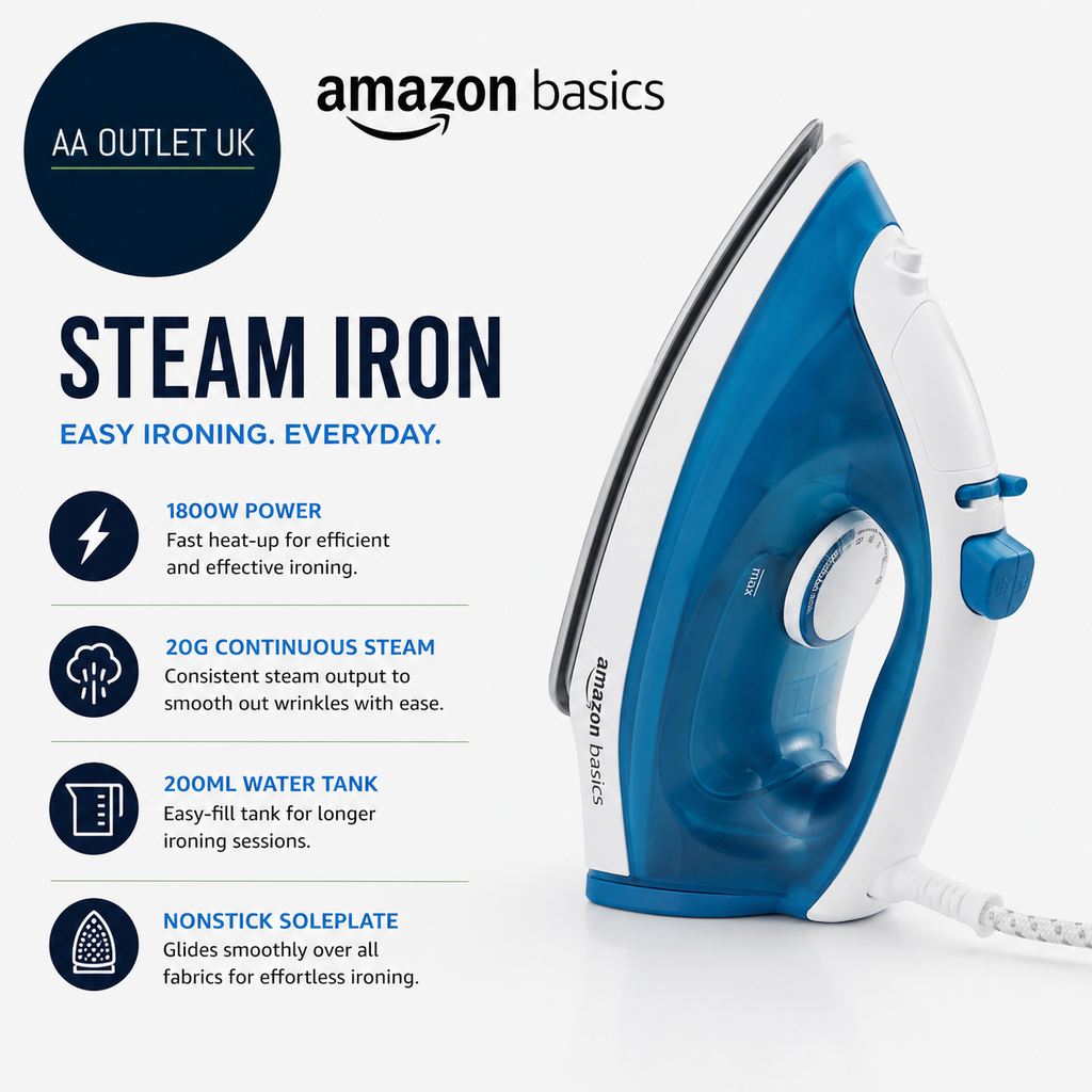 Amazon Basics Steam Iron Nonstick Soleplate 1800W 20g Continuous Blue