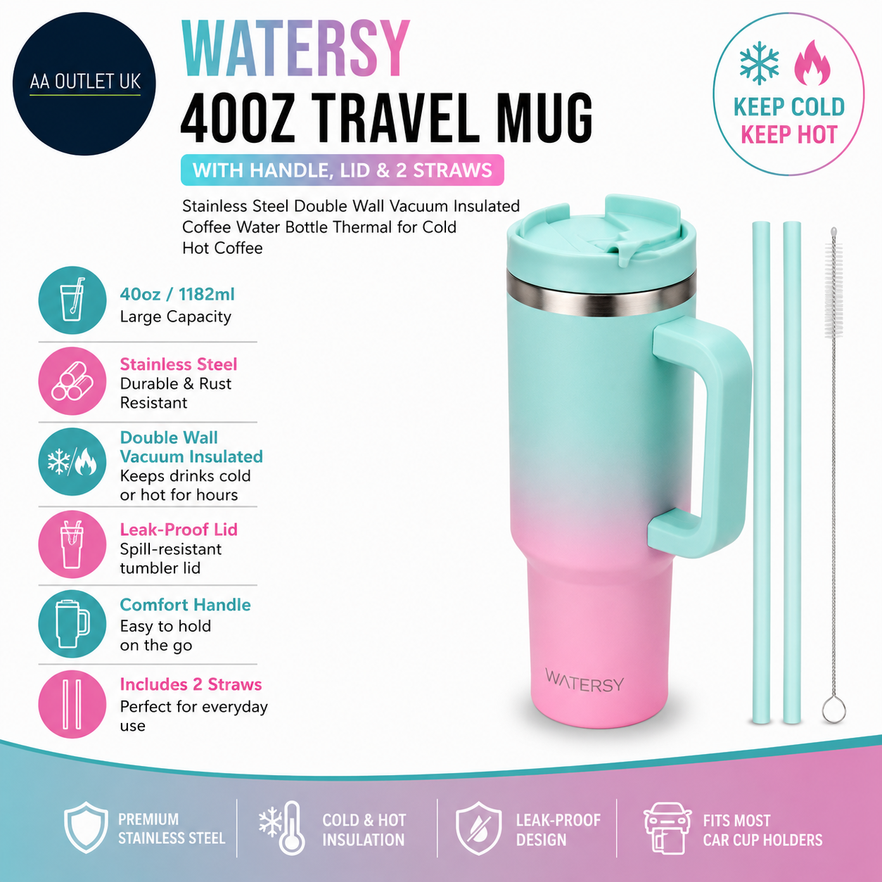 Watersy 40oz Travel Mug Coffee Cup 2 Straws Tumbler Lid Handle Stainless Steel