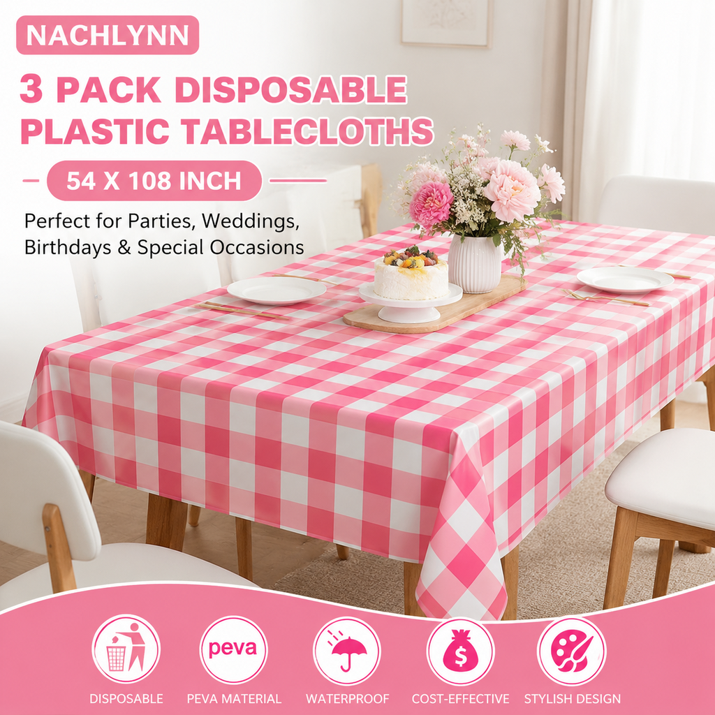 Nachlynn 3 Pack Disposable Plastic Tablecloths 54x108in Pink Gingham Rectangle