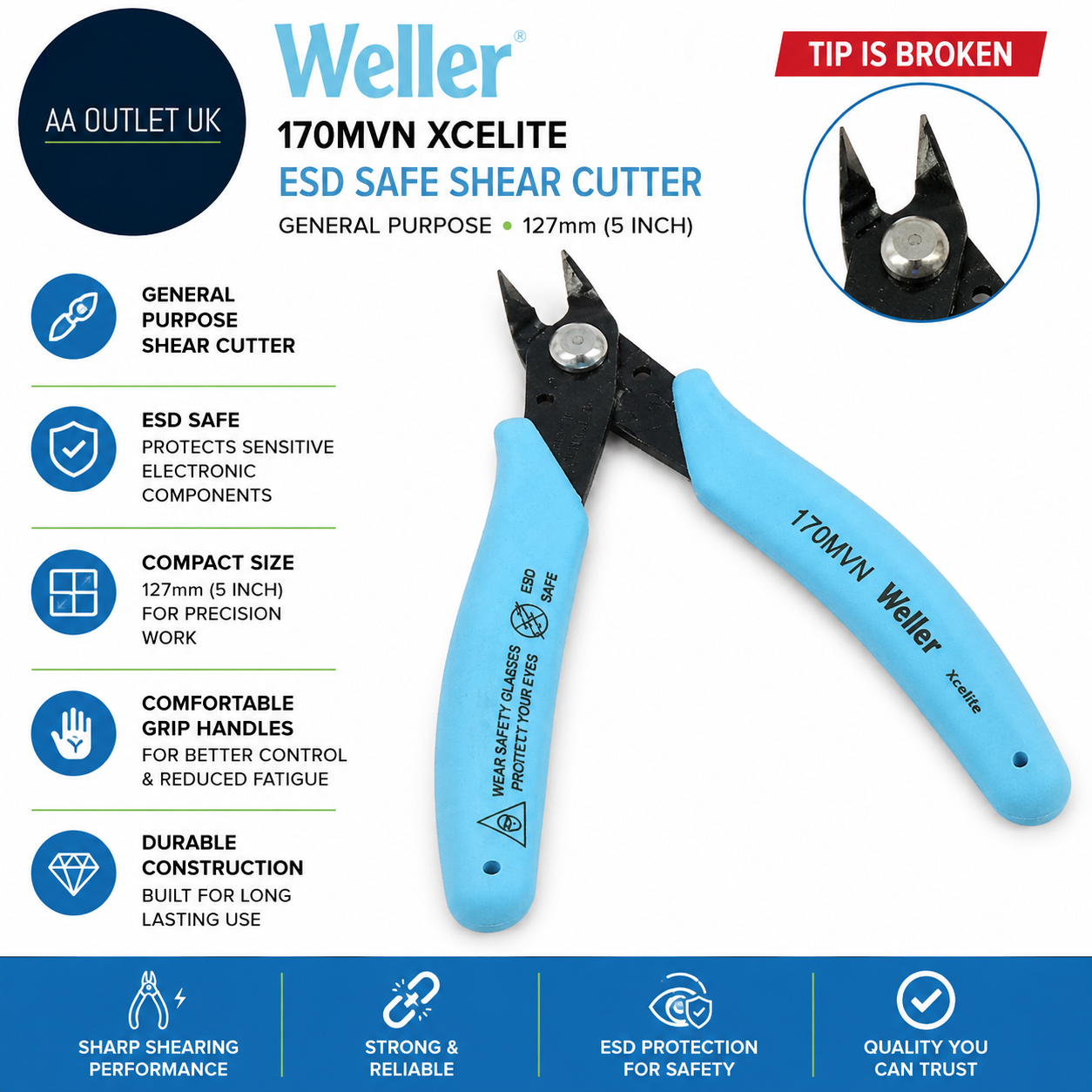 Weller Xcelite 170MVN ESD Safe Shear Cutter General Purpose 127mm 5in Blue