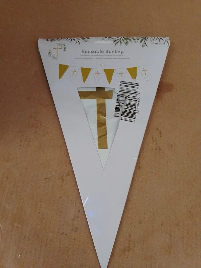 Amscan Botanic Cross Reusable Plastic Bunting Party Decoration Gold White New