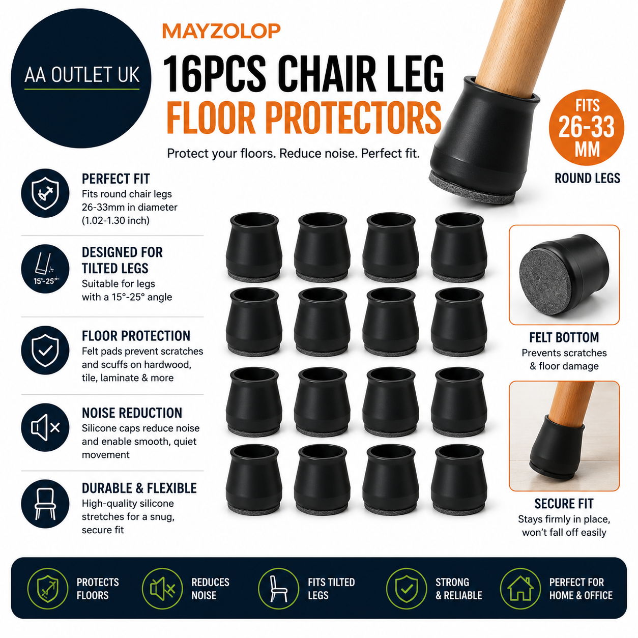 Mayzolop 16Pcs Chair Leg Floor Protector Caps 26x33mm Round Silicone Black